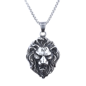 Vintage stainless steel lion head pendant necklace with antique silver finish and detailed mane
