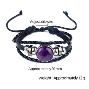 Bracelet ajustable en cuir tressé avec agate violette de 20mm et perles métalliques