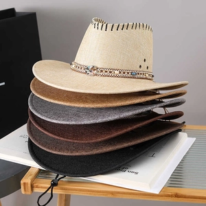 Ethnic style woven straw sun hats for women in six colors with beaded decorative bands