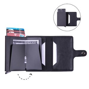 Black crazy horse PU leather wallet with RFID blocking aluminum pop-up card holder