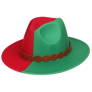 Detail of red and green contrast fedora with brown braided leather decorative band