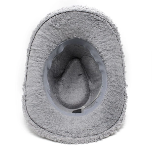 Detailed interior view of the grey teddy fleece western hat showing warm fuzzy lining