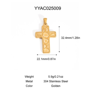 Spécifications de taille du pendentif croix dorée en acier inoxydable 304 avec texture