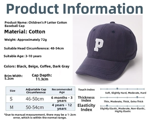 Size guide for children cotton baseball cap showing adjustable circumference and age details