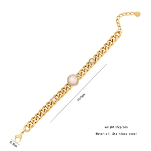 Detail of golden stainless steel chain bracelet with crystal-framed pearls and sizing info