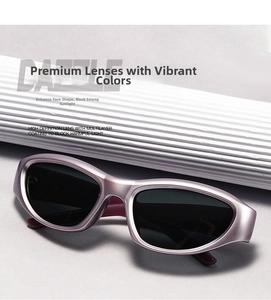 Detailed close-up of matte purple metal sunglasses with oval frames and dark lenses