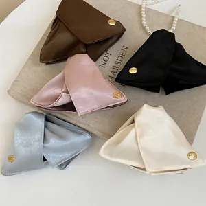 Satin Fabric Hair Claw Clip Large Acrylic Shark Clips Triangle Shape French Elegant Accessories For Women With Metal Button