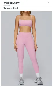 Close-up of cherry blossom pink brushed yoga set with high-waisted leggings and sports bra