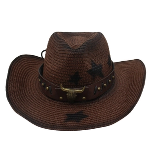 Dark brown straw cowboy hat with metallic bull head and black star prints