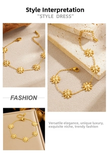 Detail view of gold sunflower chain bracelet with adjustable lobster clasp and extension link