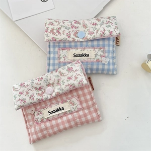 Portable Floral Plaid Quilted Cotton Sanitary Napkin Storage Bag Menstrual Pouch Mini Fabric Organizer With Snap Button