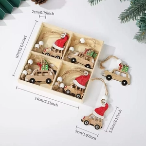 Christmas wooden car ornaments in a divided gift box with festive pine needle decor