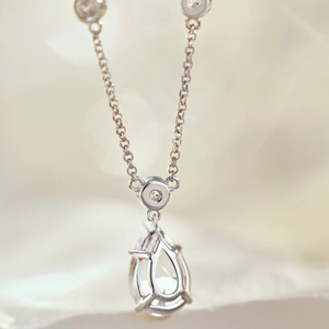 Macro shot of S925 sterling silver necklace with teardrop zircon and fine pavé details