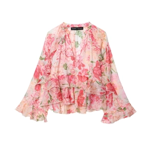 Camicetta In Chiffon Floreale Scollo A V Volant Maniche Lunghe Polsini A Campana Camicia Elegante Casual Per Donna