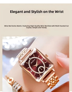 Detail of rose gold square watch with burgundy dial and faceted glass for women