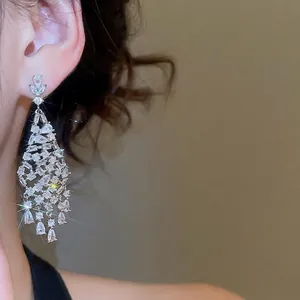 Boucles d'oreilles pendantes à pompons argentés avec zircons brillants de style palais