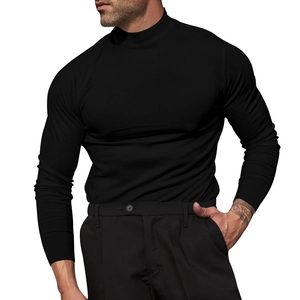 Close-up of black men's slim fit half-turtleneck t-shirt with elastic ribbed texture