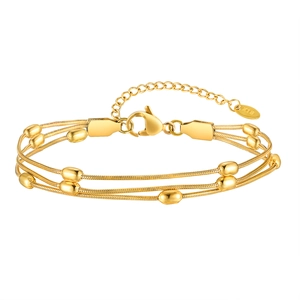 Three-layer stainless steel snake chain bracelet with oval beads and 18K gold plating