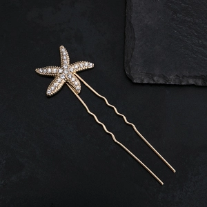 Golden starfish U-shaped hair pin with white rhinestones and wavy shank for hair styling