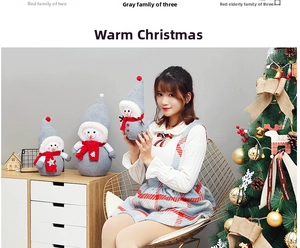 Three-piece grey plush snowman set with red star scarves for Christmas tree decor