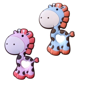 Close-up of silicone giraffe baby teethers in pink and blue with heart-shaped handles