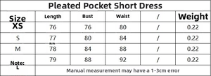 Guide détaillé des tailles pour mini-robe plissée à poches avec mesures de XS à L