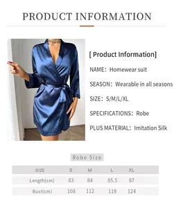 Detailed size chart for women's imitation silk robe showing measurements for S to XL