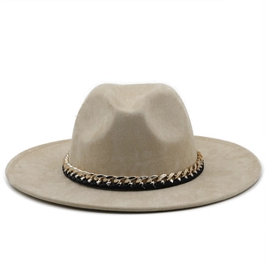 Classic beige suede cowboy hat with stylish gold metal chain and black woven band detail