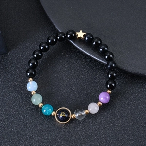 Blue sandstone constellation bracelet with Libra gold symbol and natural crystal beads