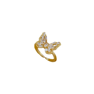 Gold plated butterfly open ring with white zircon micro-paving on a white background