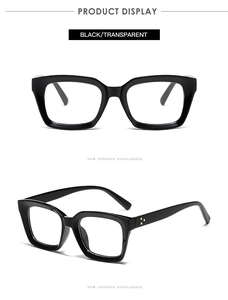 Front and 45-degree angle views of large square black glasses frames with transparent lenses
