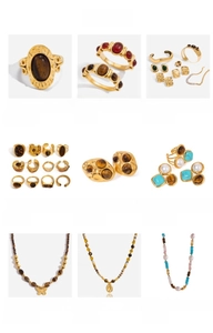 Collection de bagues et colliers en plaqué or 18K avec oeil de tigre et perles