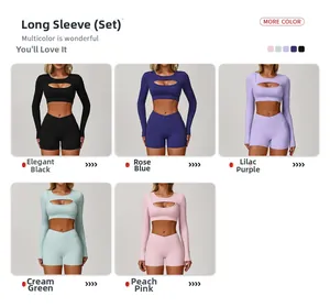 Collage of two-piece yoga sets with cutout long sleeve tops and high waist shorts