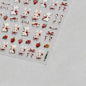 Cute Japanese style nail stickers featuring rabbits, strawberries and red roses