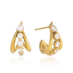 Golden C-shaped stainless steel earrings with triple row zircon stones on white background