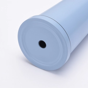 Detail of light blue matte straw cup lid showing the central opening and durable texture