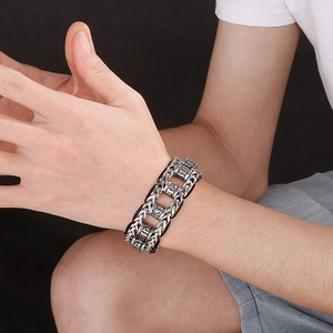 Men's retro punk titanium steel bracelet with leather weave and engraved keel chain link