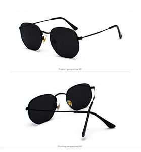 Detalle de gafas de sol octagonales negras con montura metálica desde ángulos de 90 y 180 grados