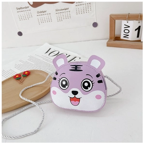Detail der lila Cartoon Tiger Kindertasche mit gewebtem Seilriemen für Kinder