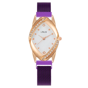 Fashion rose gold quartz watch for women with purple magnetic Milanese mesh strap