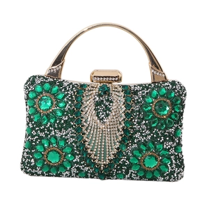 Luxury emerald and gold evening clutch bag with crystal diamonds and metal handle