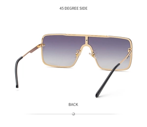 Detail view of large square metal sunglasses with gradient lenses from back and side angles