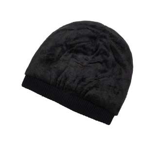 Black winter knit beanie with fleece lining and ribbed cuff for men and women