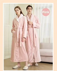 Detailed view of thick pink flannel bathrobe with large lapel and waist belt for winter comfort