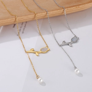 Collier Pendentif Tulipe Élégant Acier Inoxydable Nacre Coquille Künstliche Perle Goutte Chaîne En Y Bijoux Pour Femmes