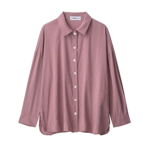 Women's dusty rose long sleeve shirt and loose pants set with belt in flat lay view