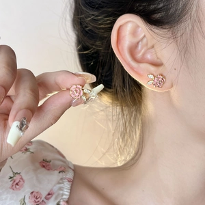 Elegant pink rose stud earrings with gold plating and sparkling zircon micro-inlay