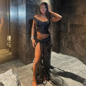 Women One Shoulder Crop Top And High Slit Long Skirt Sexy Sheer Flocking Floral Mesh Streetwear Clubwear Black