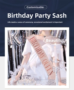 Detail of rose gold glitter Birthday Queen sash worn during a festive party celebration