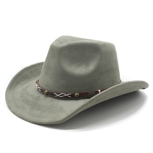 Detail of faux suede cowboy hat with brown leather band and metallic brass studs